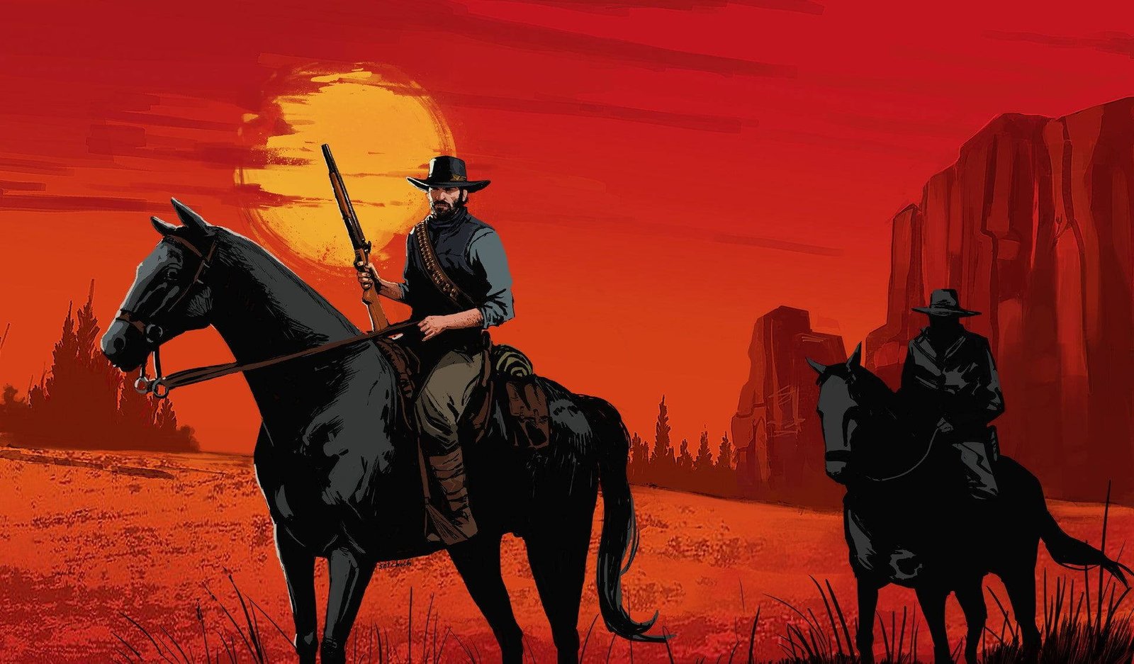 Ilustração de cavaleiro ao pôr do sol