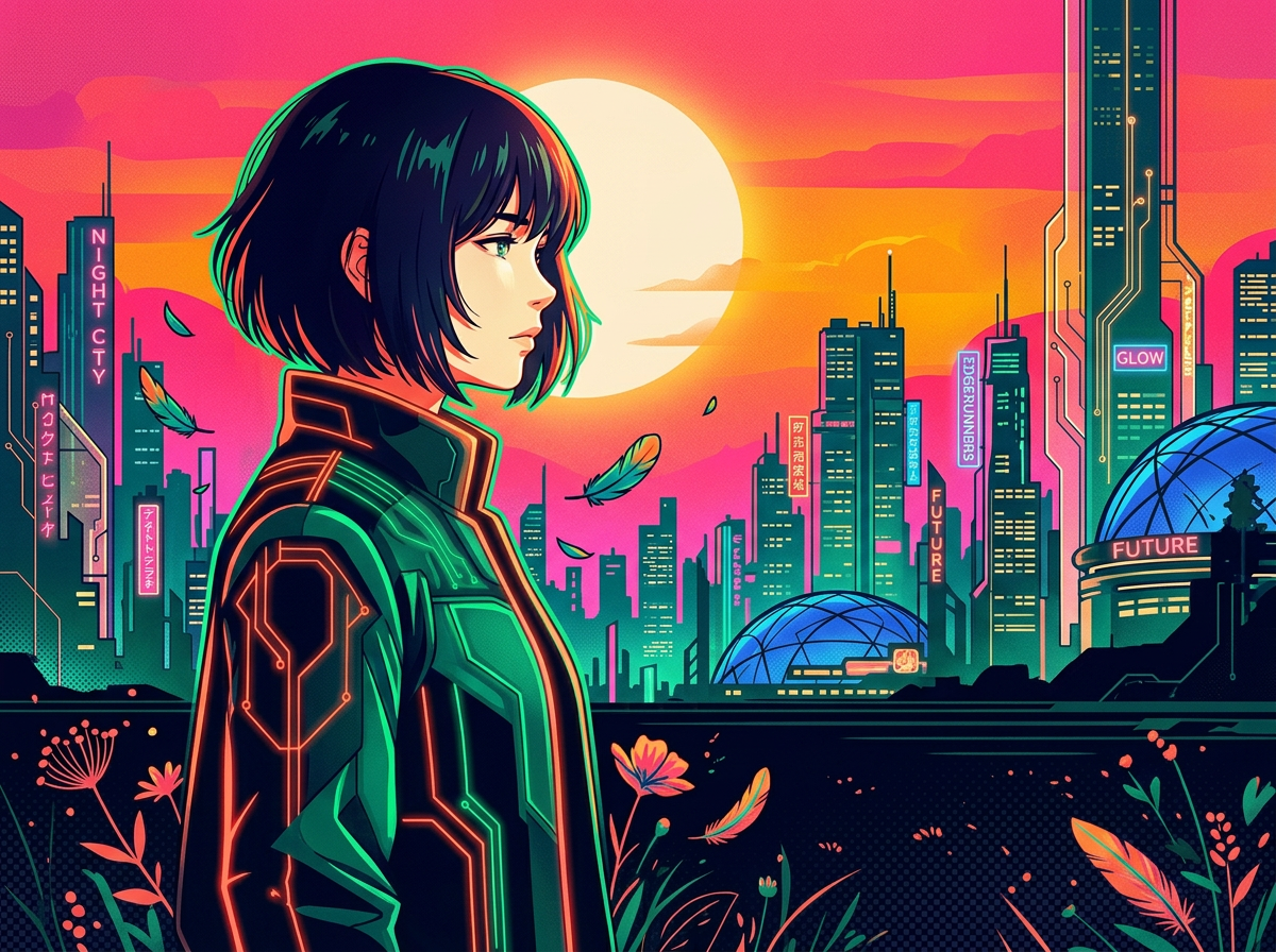 Ilustração simbólica em estilo anime cyberpunk para representar Mayara